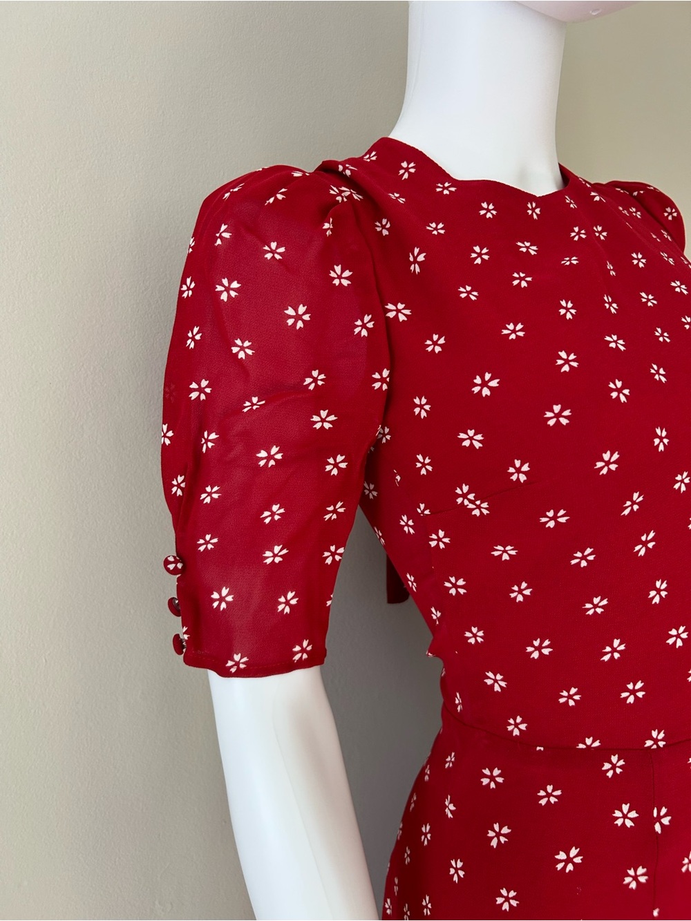 Reformation Red Floral Mini Dress Size 0 Puff Sleeve Open Back Tie Dress - Picture 2 of 10